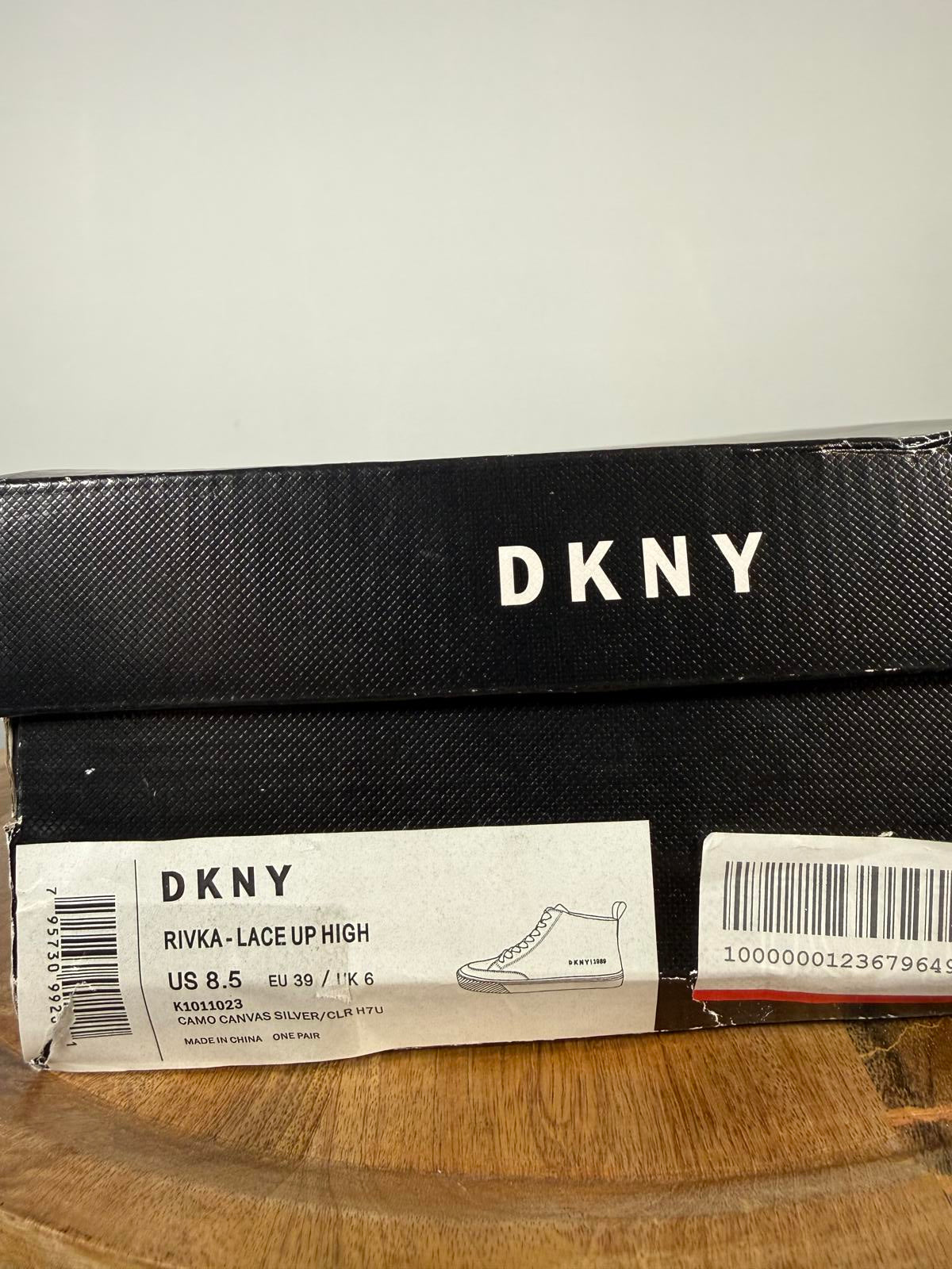 DKNY Rivka Lace-Up High Camo Canvas Silver Sneakers Women’s Size 8.5 NWB