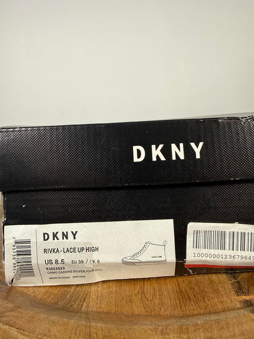 DKNY Rivka Lace-Up High Camo Canvas Silver Sneakers Women’s Size 8.5 NWB