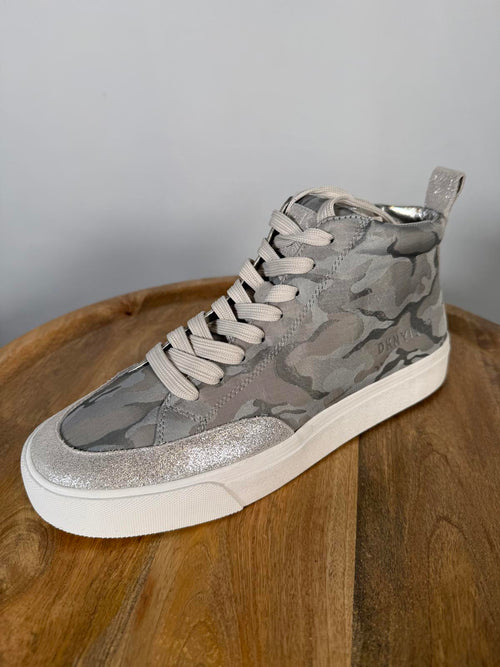 DKNY Rivka Lace-Up High Camo Canvas Silver Sneakers Women’s Size 8.5 NWB