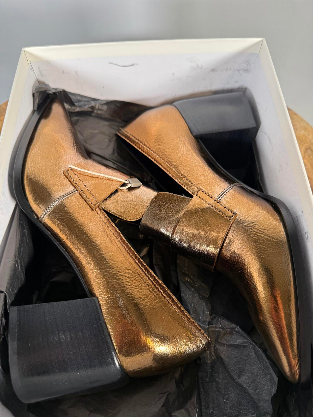 Casadei Metallic Bronze Pointed-Toe Block Heel Loafers EU 35 (US 5) NWB