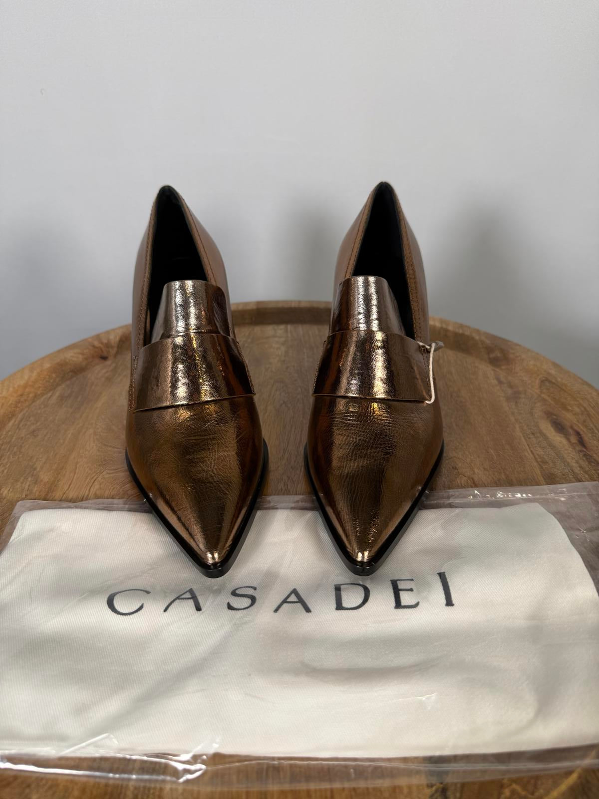 Casadei Metallic Bronze Pointed-Toe Block Heel Loafers EU 35 (US 5) NWB