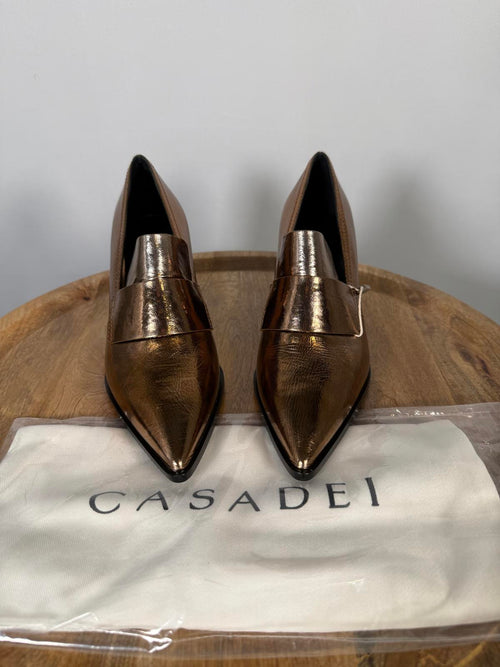 Casadei Metallic Bronze Pointed-Toe Block Heel Loafers EU 35 (US 5) NWB