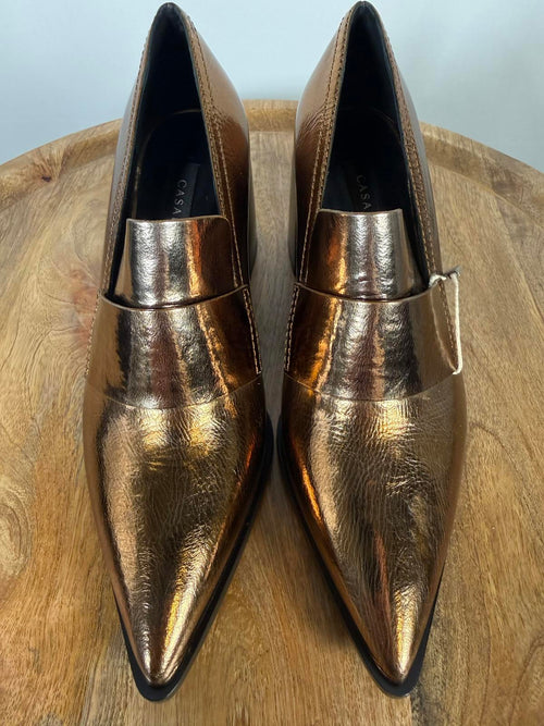 Casadei Metallic Bronze Pointed-Toe Block Heel Loafers EU 35 (US 5) NWB
