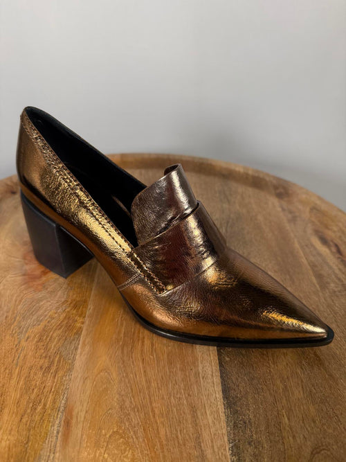 Casadei Metallic Bronze Pointed-Toe Block Heel Loafers EU 35 (US 5) NWB