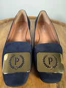 Pollini Clodette15 Oceano Navy Suede Ballerinas w/ Gold Plaque EU 35 / US 5 NWB