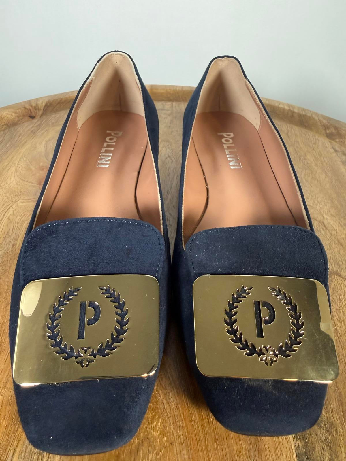 Pollini Clodette15 Oceano Navy Suede Ballerinas w/ Gold Plaque EU 35 / US 5 NWB