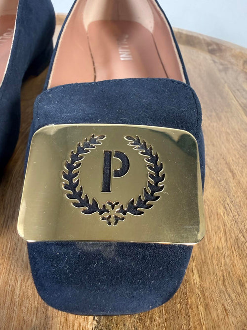Pollini Clodette15 Oceano Navy Suede Ballerinas w/ Gold Plaque EU 35 / US 5 NWB