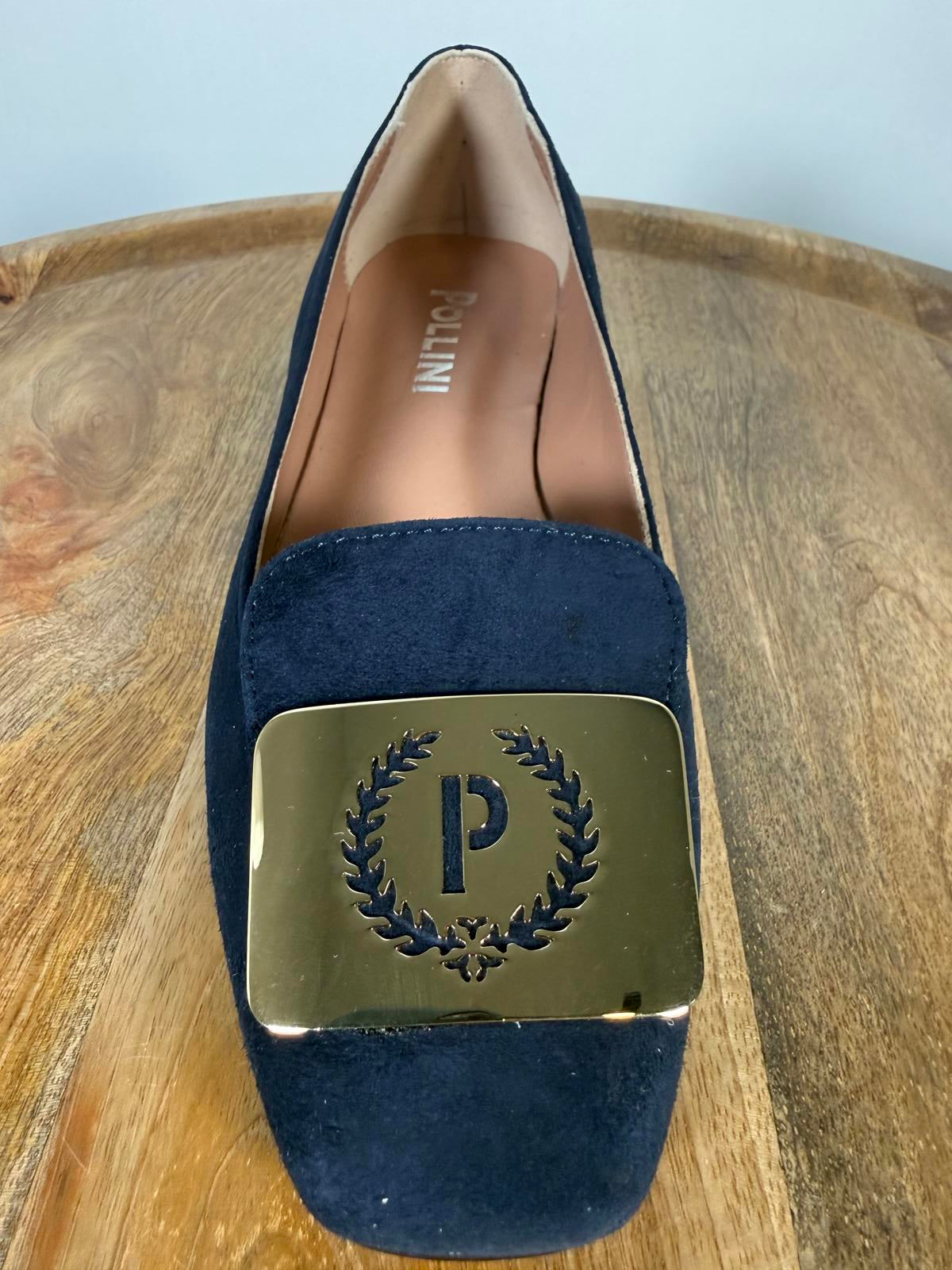 Pollini Clodette15 Oceano Navy Suede Ballerinas w/ Gold Plaque EU 35 / US 5 NWB