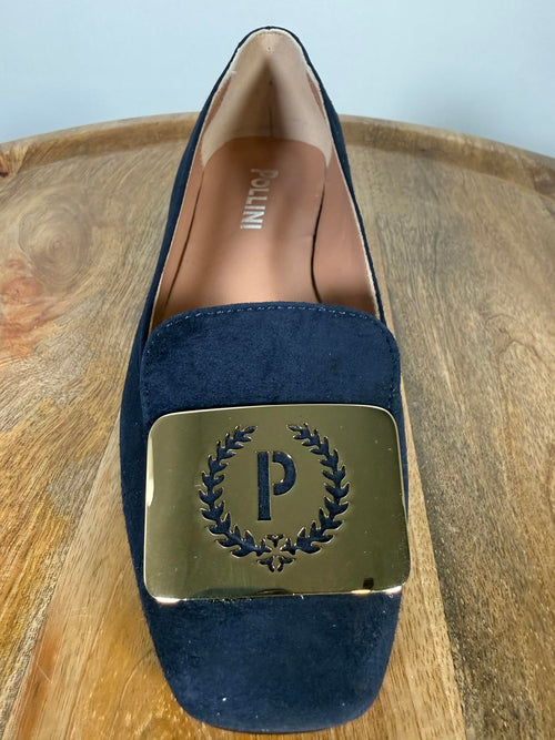 Pollini Clodette15 Oceano Navy Suede Ballerinas w/ Gold Plaque EU 35 / US 5 NWB