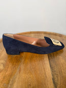 Pollini Clodette15 Oceano Navy Suede Ballerinas w/ Gold Plaque EU 35 / US 5 NWB