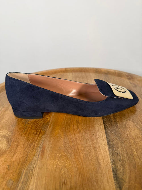 Pollini Clodette15 Oceano Navy Suede Ballerinas w/ Gold Plaque EU 35 / US 5 NWB