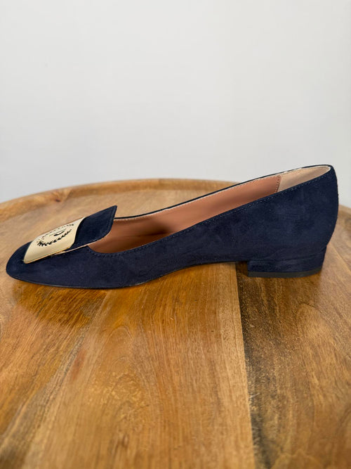 Pollini Clodette15 Oceano Navy Suede Ballerinas w/ Gold Plaque EU 35 / US 5 NWB