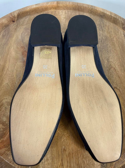Pollini Clodette15 Oceano Navy Suede Ballerinas w/ Gold Plaque EU 35 / US 5 NWB