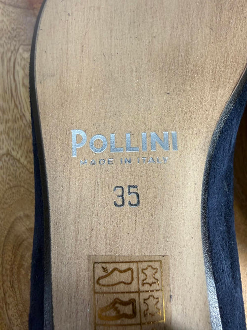 Pollini Clodette15 Oceano Navy Suede Ballerinas w/ Gold Plaque EU 35 / US 5 NWB