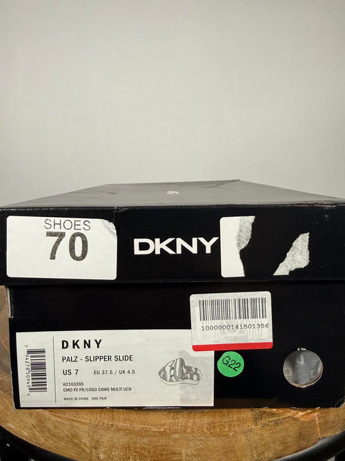 DKNY Palz Faux Fur Slipper Slides Camo Multi Logo Platform US 7 NWB