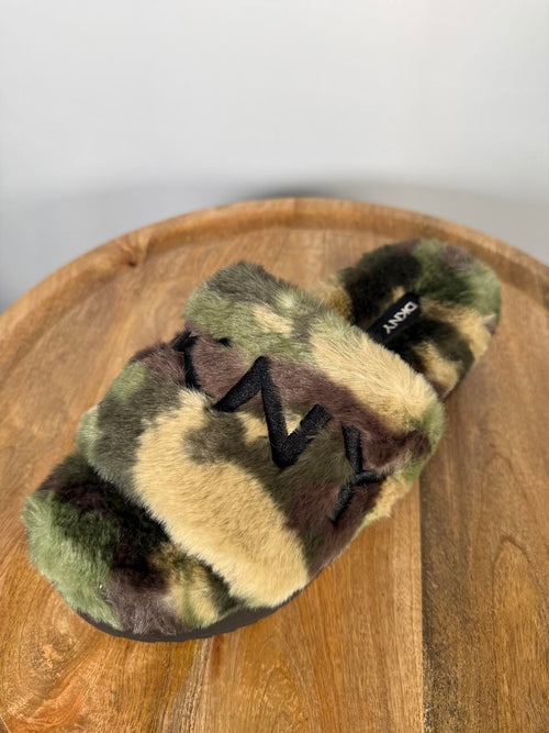 DKNY Palz Faux Fur Slipper Slides Camo Multi Logo Platform US 7 NWB