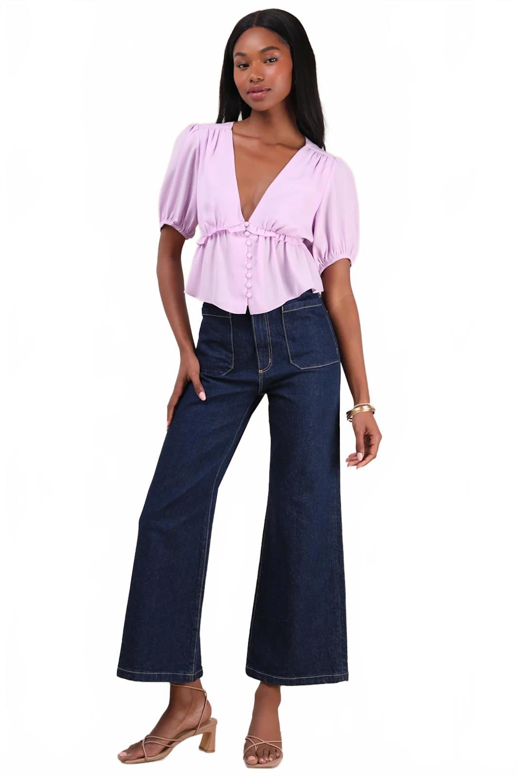 NWT Lulus Lavender Peplum Crop Top Puff Sleeve Size Large