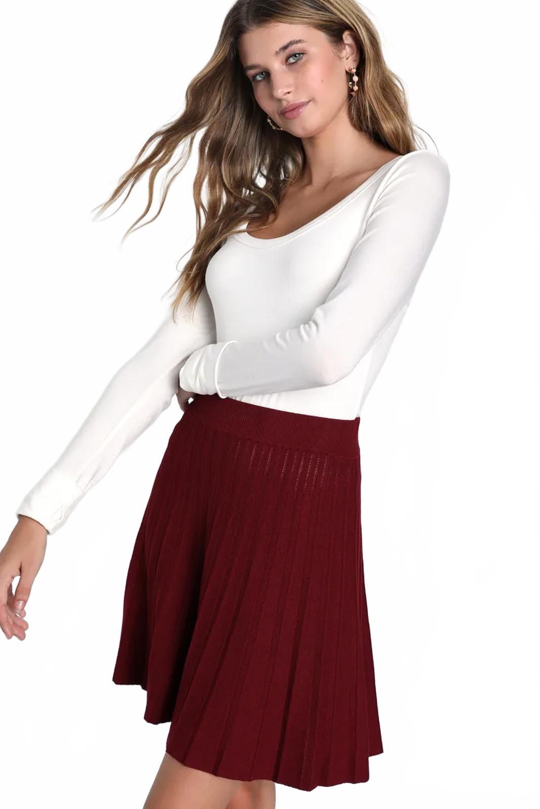 Lulus Chic Vision Burgundy Pleated Sweater Mini Skater Skirt - XL