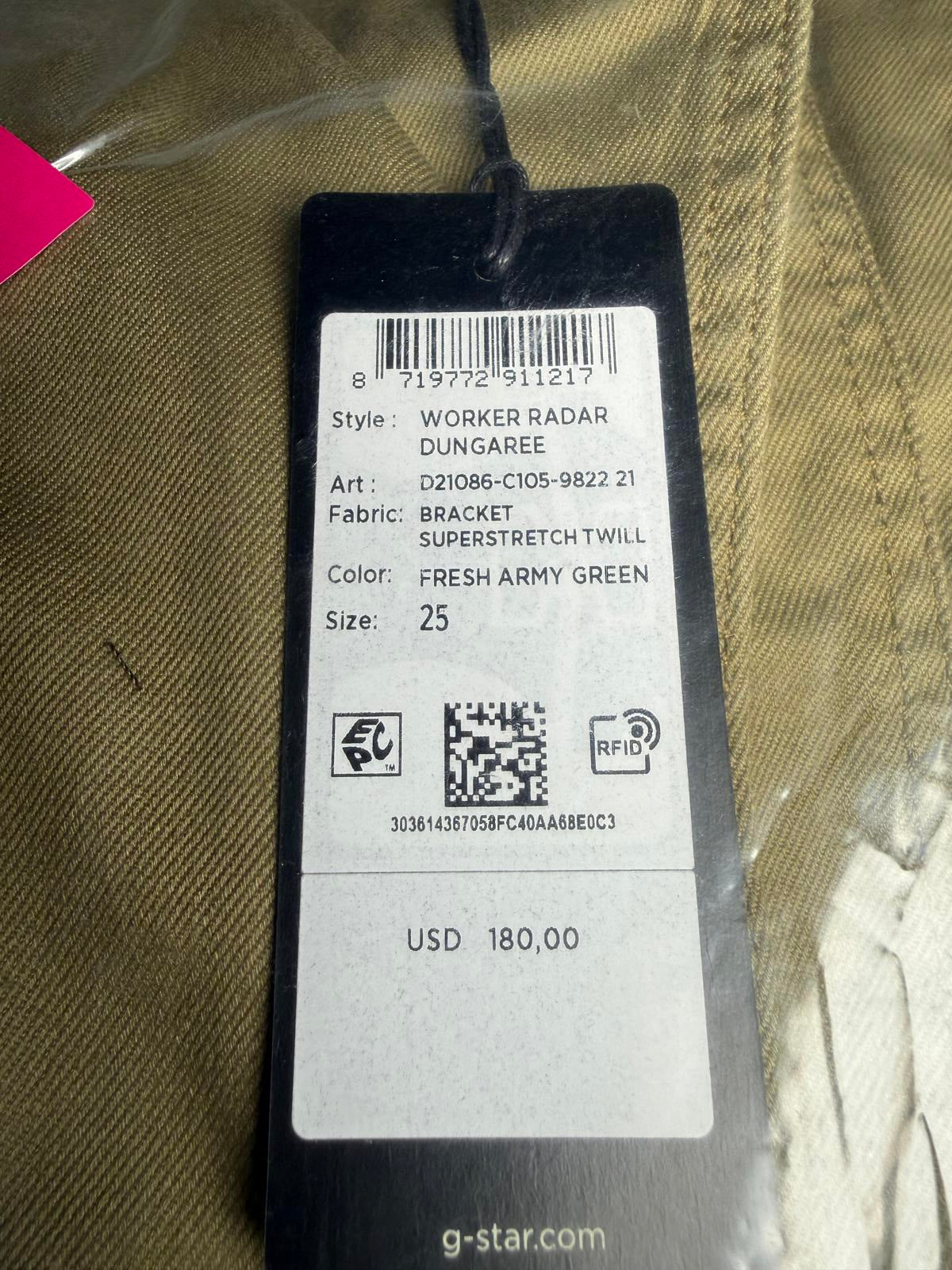 NWT G-Star RAW Women’s Worker Radar Dungaree Overalls Size 25 Army Green
