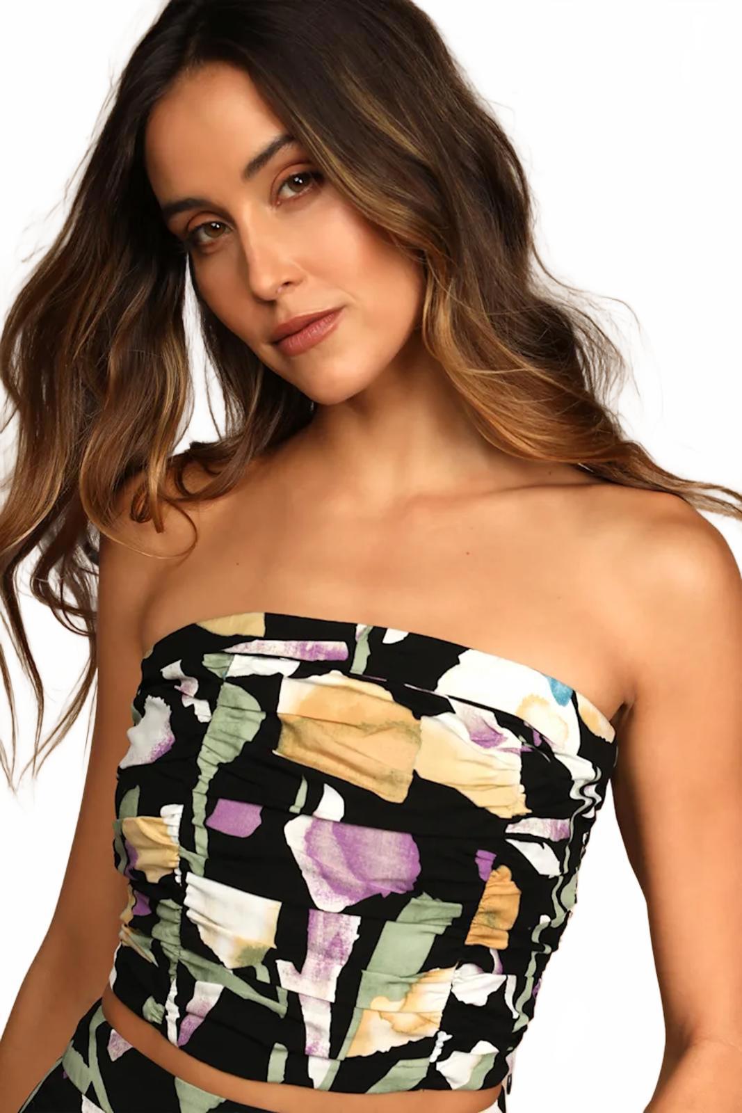 NWT Lulus Super Bloom Black Floral Print Strapless Tube Top Small