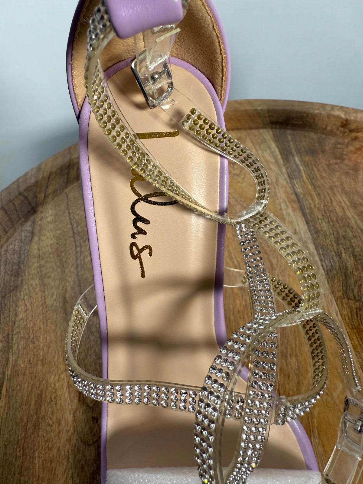 NWB Lulus Damsia Purple Rhinestone Open Toe Ankle Strap Heels Size 5.5