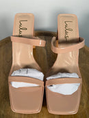 NWB Lulus Fausee Light Nude Patent Platform Slide Sandals Square Toe Size 11
