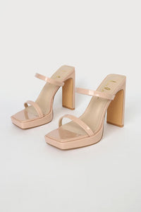 NWB Lulus Fausee Light Nude Patent Platform Slide Sandals Square Toe Size 11