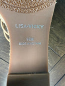 NWB Lisa Vicky Gaze-V Beige Sheep Nappa Wedge Sandals 9.5 M