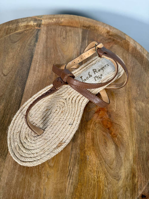 NWB Jack Rogers Evie Cognac Leather T-Strap Flat Sandals Women's Size 6