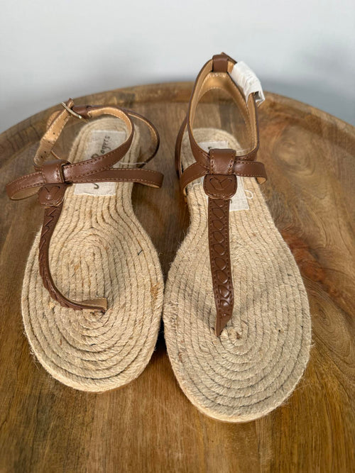 NWB Jack Rogers Evie Cognac Leather T-Strap Flat Sandals Women's Size 6