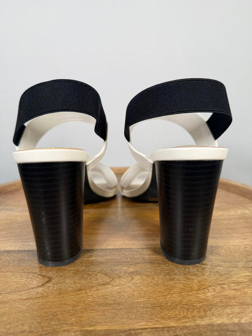French Connection Women's Dakota Block Heel Sandals White/Black Size 9.5 NWB