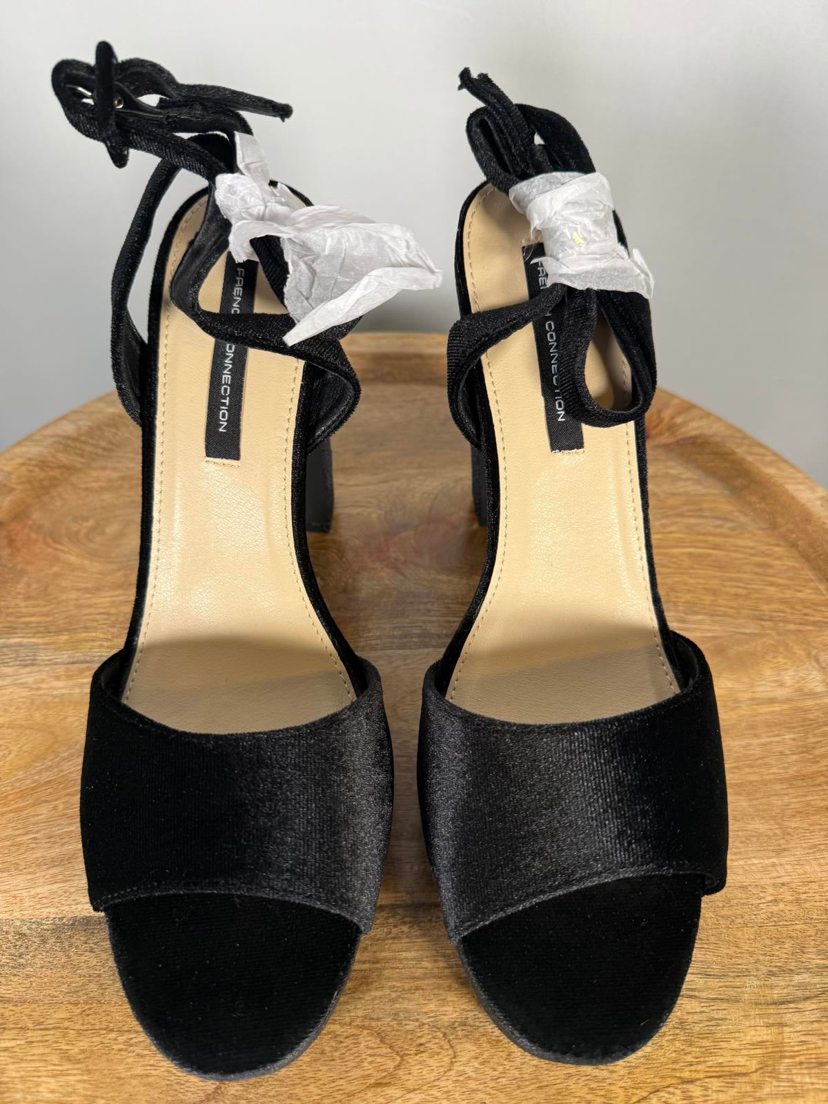 French Connection Black Velvet Platform Block Heel Sandals Size 9 NWB