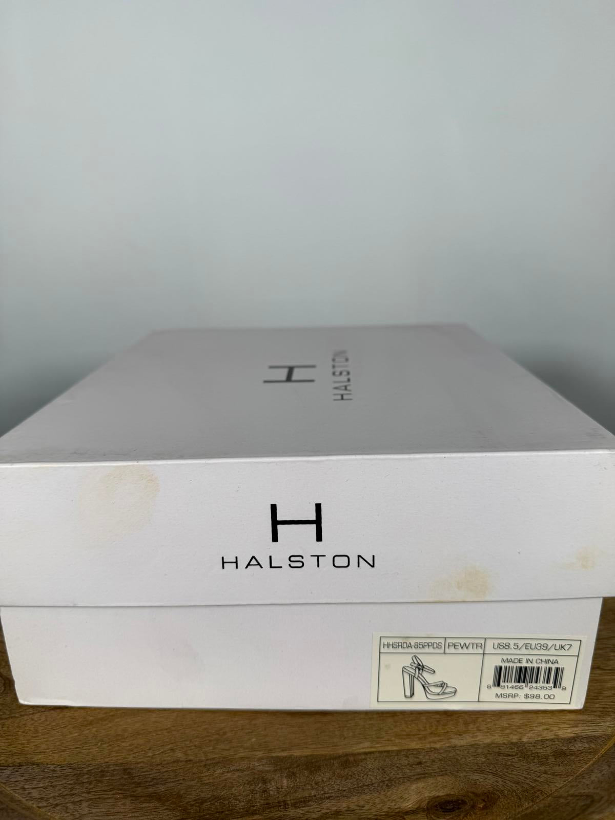 Halston Pewter Iridescent Platform Block Heel Sandals Ankle Strap Size 8.5 NWB