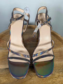 Halston Pewter Iridescent Platform Block Heel Sandals Ankle Strap Size 8.5 NWB