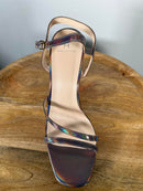 Halston Pewter Iridescent Platform Block Heel Sandals Ankle Strap Size 8.5 NWB