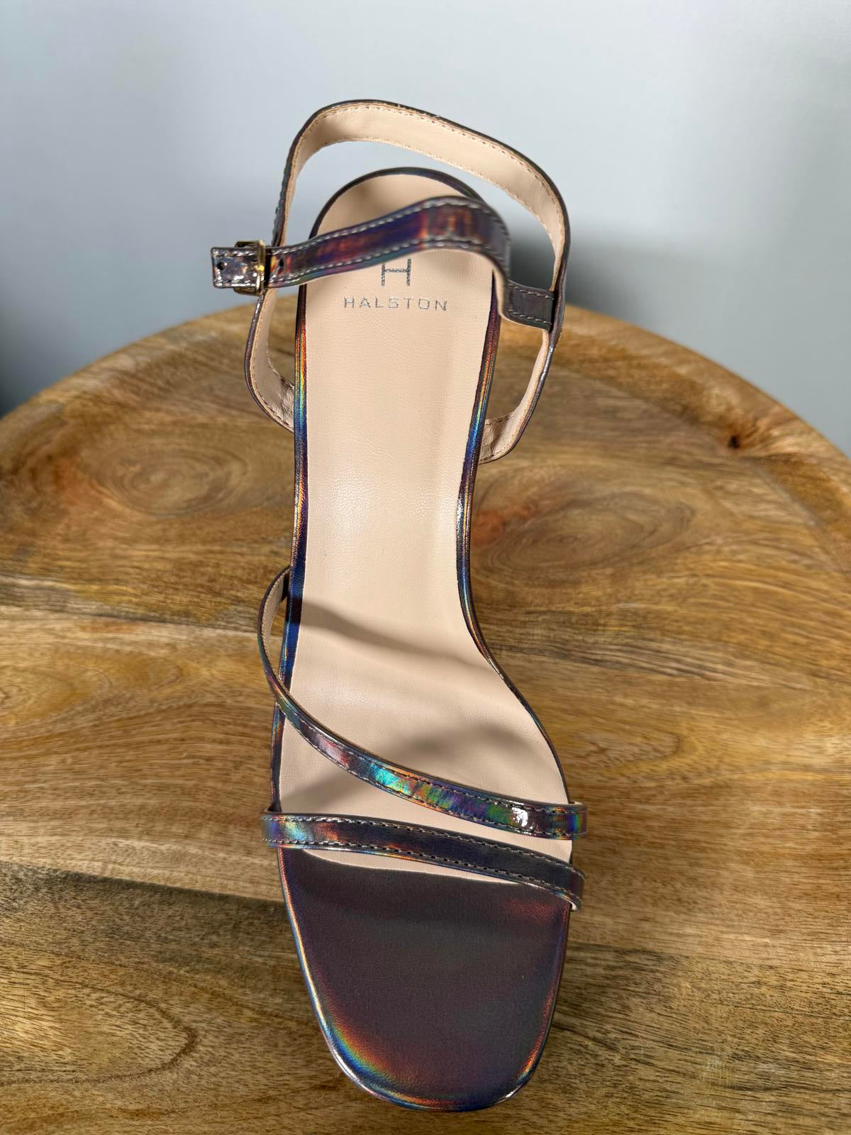 Halston Pewter Iridescent Platform Block Heel Sandals Ankle Strap Size 8 NWB