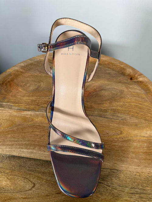 Halston Pewter Iridescent Platform Block Heel Sandals Ankle Strap Size 8 NWB