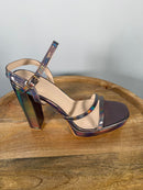 Halston Pewter Iridescent Platform Block Heel Sandals Ankle Strap Size 8 NWB