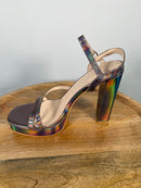 Halston Pewter Iridescent Platform Block Heel Sandals Ankle Strap Size 8 NWB