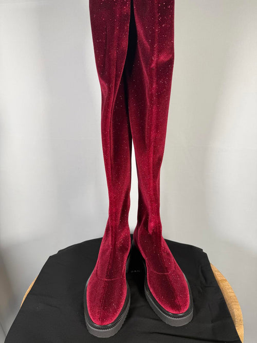 Giuseppe Zanotti Adrienne Bordeaux Velvet OTK Boots EU 34 US 4 Red Designer NWB