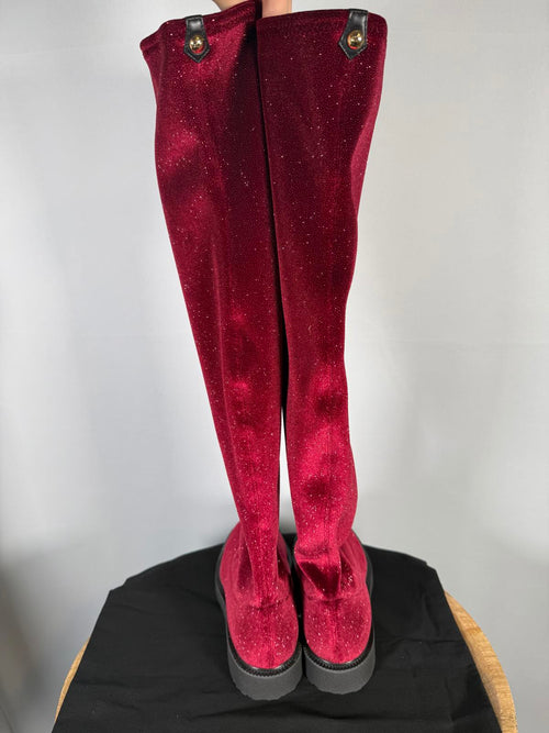 Giuseppe Zanotti Adrienne Bordeaux Velvet OTK Boots EU 34 US 4 Red Designer NWB
