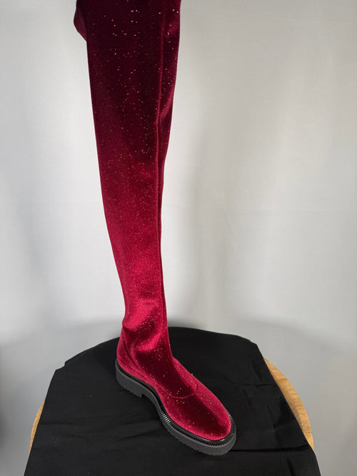 Giuseppe Zanotti Adrienne Bordeaux Velvet OTK Boots EU 34 US 4 Red Designer NWB