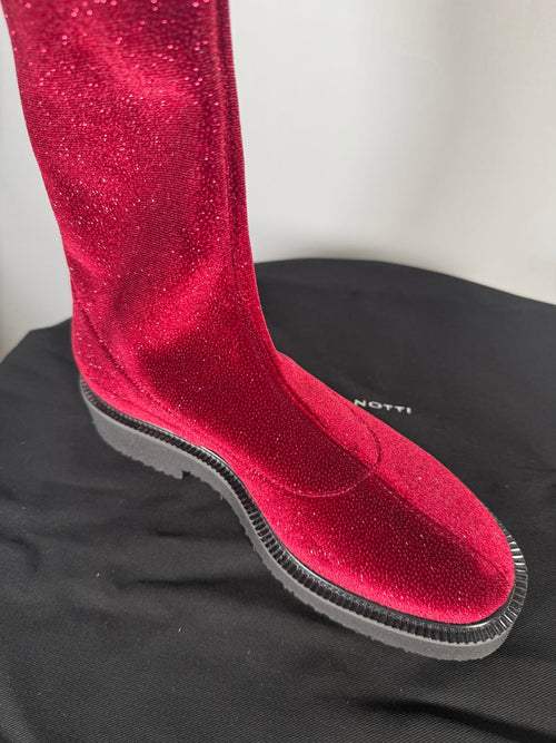 Giuseppe Zanotti Adrienne Bordeaux Velvet OTK Boots EU 34 US 4 Red Designer NWB