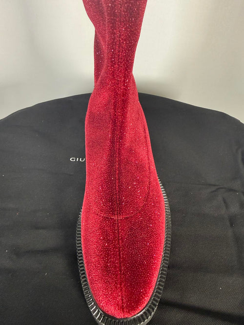 Giuseppe Zanotti Adrienne Bordeaux Velvet OTK Boots EU 34 US 4 Red Designer NWB