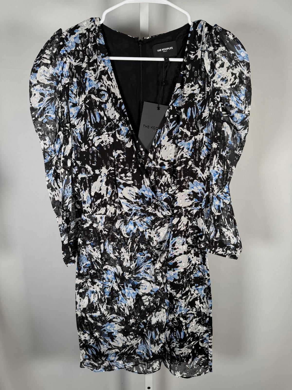 The Kooples Firework Silk Mini Dress Size 1 (US S) Blue Black Floral NWT