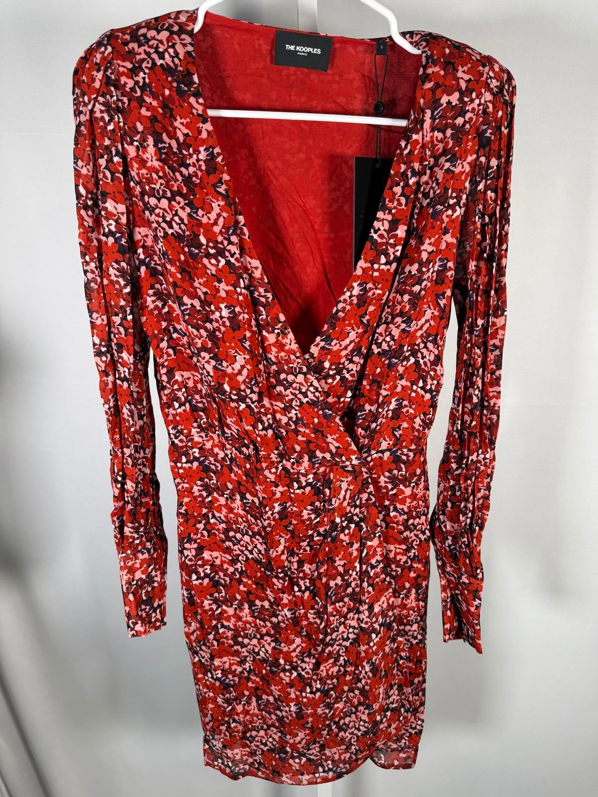 The Kooples Burning Flowers Mini Dress Size 1 (US S) Red Floral V-Neck NWT