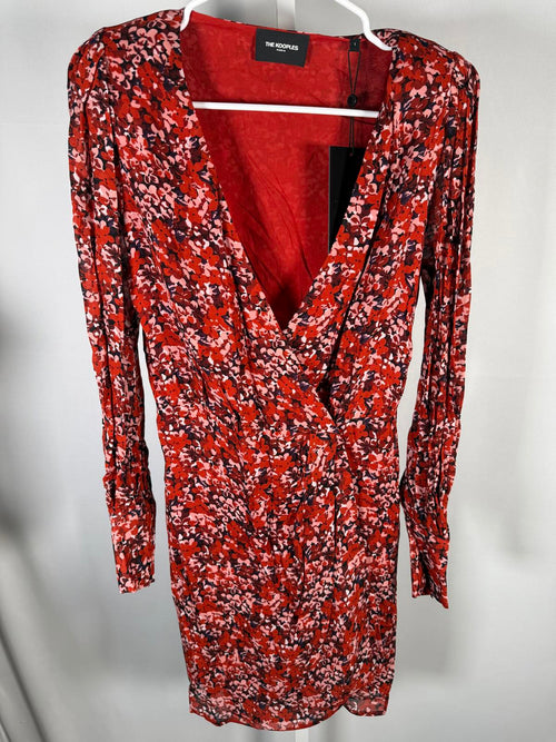 The Kooples Burning Flowers Mini Dress Size 1 (US S) Red Floral V-Neck NWT
