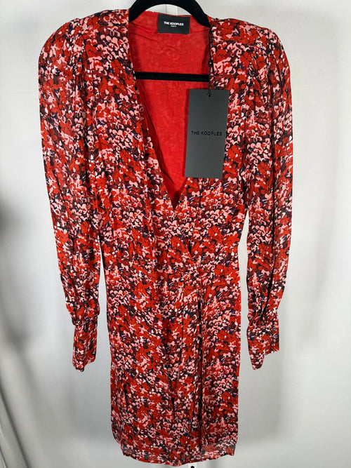 The Kooples Burning Flowers Mini Dress Size 0 (US XS) Red Floral V-Neck NWT