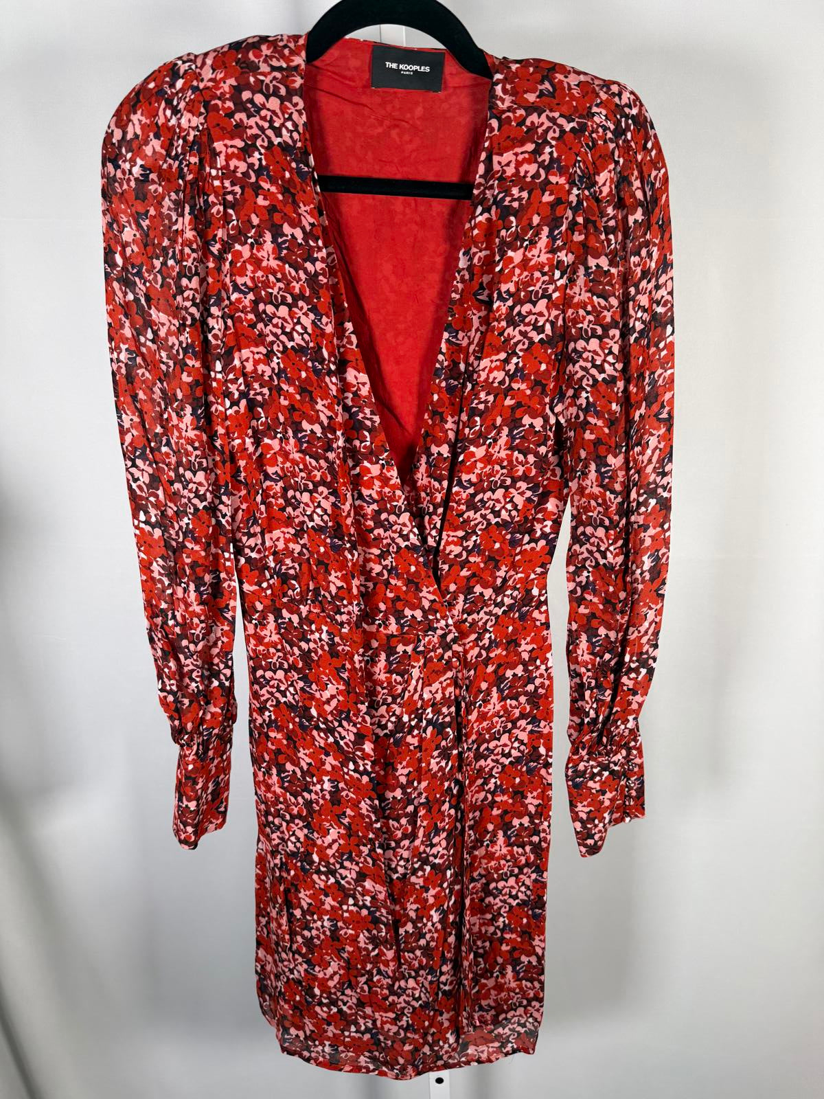 The Kooples Burning Flowers Mini Dress Size 0 (US XS) Red Floral V-Neck NWT