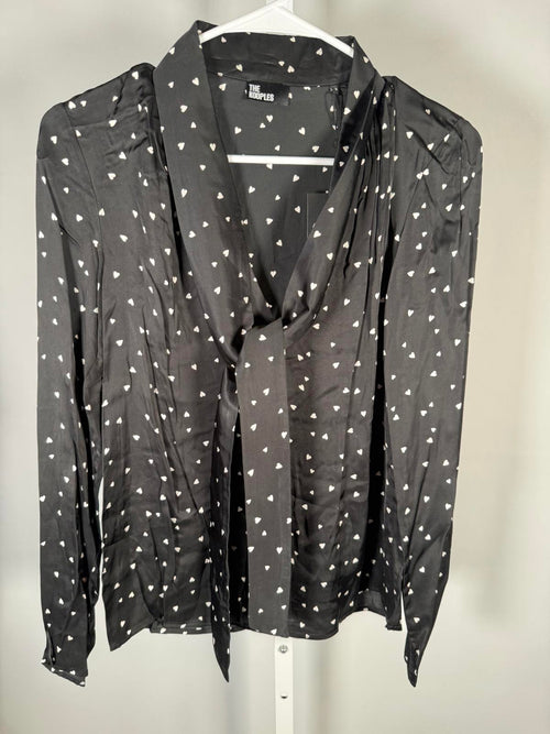 The Kooples Heart Print Tie Neck Blouse Size 0 (US XS) Black Sheer V-Neck NWT